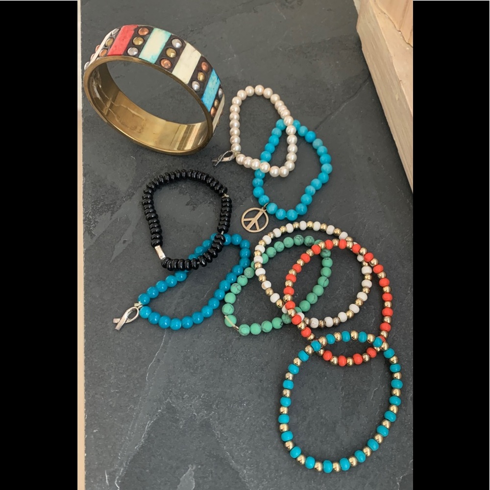 Various stretch bracelets & one brass bangle